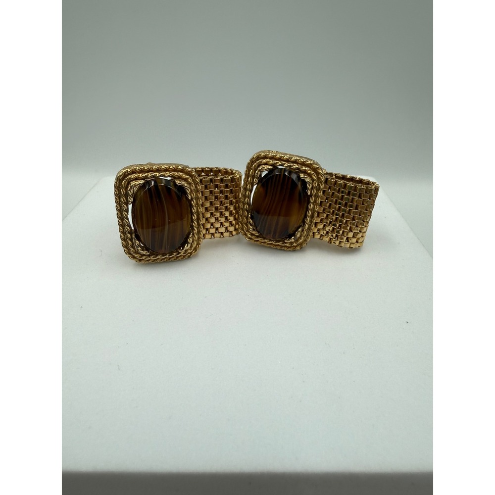 Dante Vintage Gold Tone Mesh Wrap Cufflinks Faux Tiger Eye Stone Mid Century